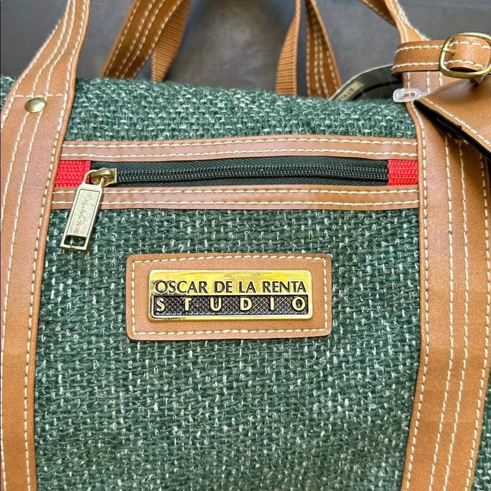 Oscar de La Renta Studio small duffel green tweed with tan straps & luggage tag